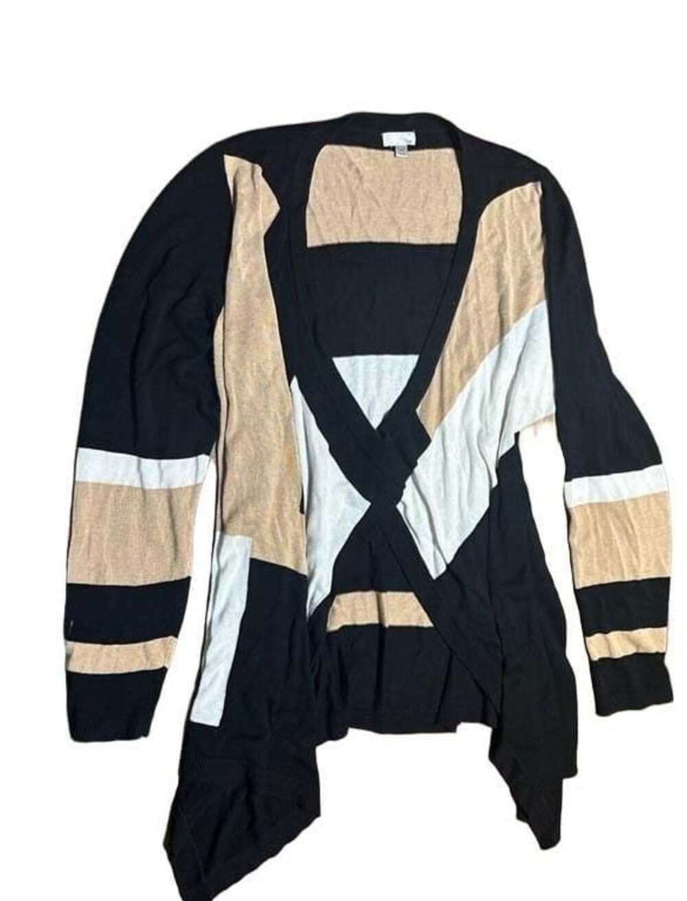 VIP knit by Avenue Colorblock Open Front Cardigan Sweater Black Tan White